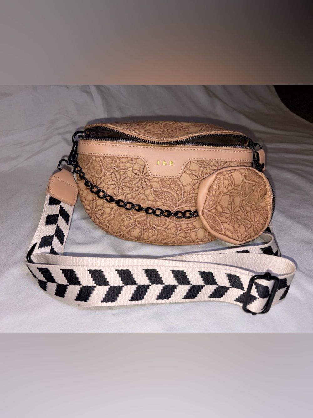 Embossed Lace Crossbody Bag in Beige